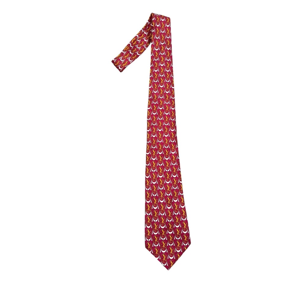 Chanel Mens Tie Silk Lion Crest Logo Chain Detail Red Gold Italy 58 in